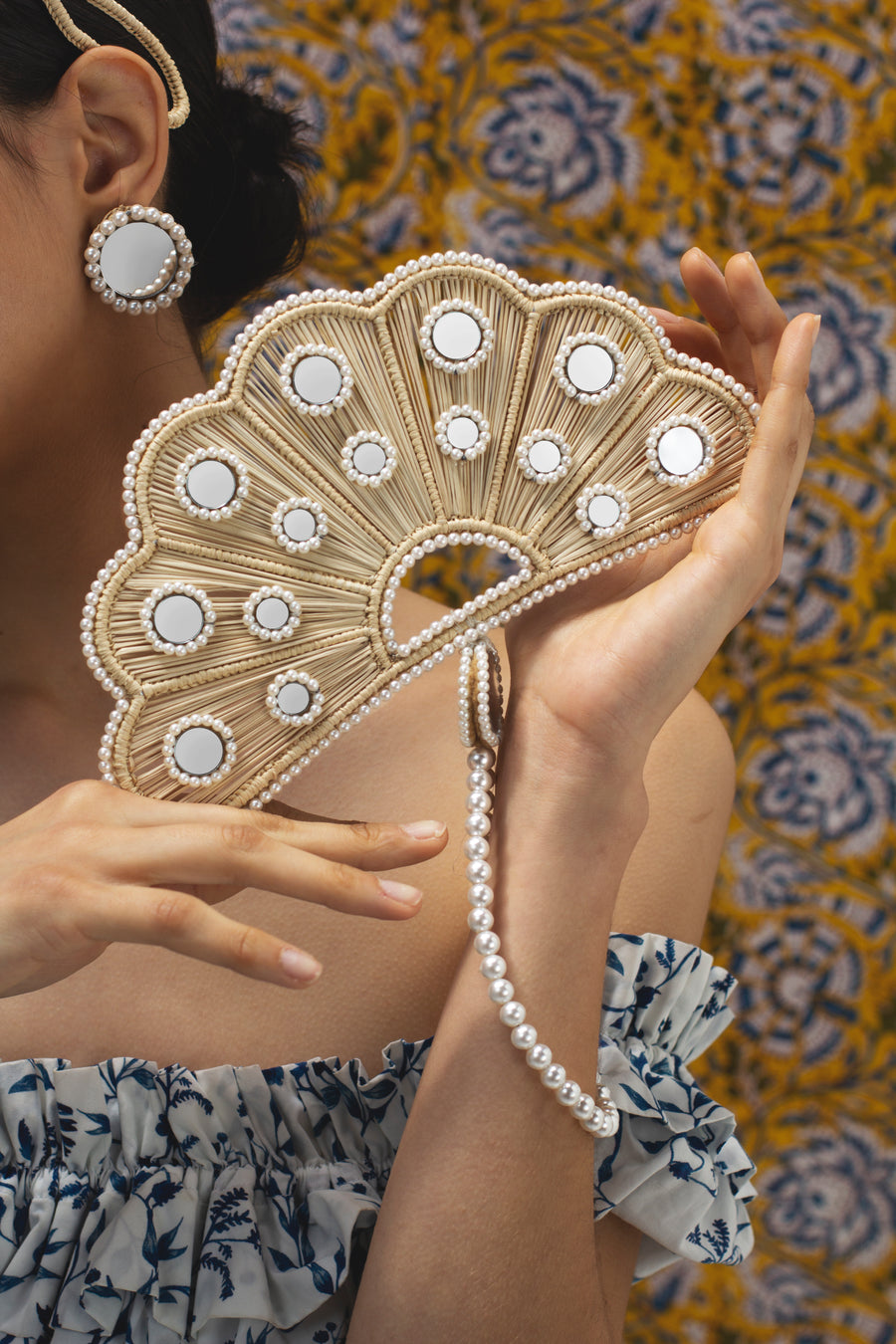 Cloud Shaped Iraca Mirror and Pearl Fan